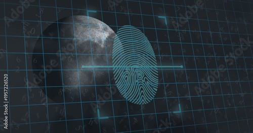 Animation of biometric fingerprint scanner over grid network and moon against grey background