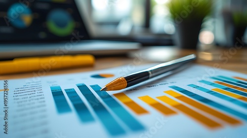 Financial Graphs on the Desk: An in-depth view of financial data, showcasing the upward and downward movements. An elegant pen rests thoughtfully amidst the information.