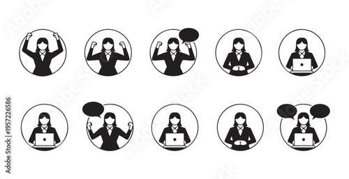 Businesswoman icons set, professional female in various actions, working on laptop, celebrating, speaking