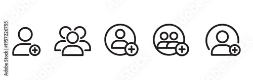 Add new user, team, and member icon set with plus sign. people group outline symbol illustration