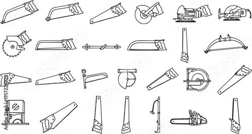 Detailed outline illustrations featuring a wide variety of saws, including hand saws, power saws, chainsaws, and specialized cutting tools collection.