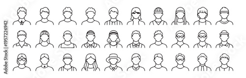 Diverse collection of people avatars outline style diverse genders ages hairstyles and accessories for profile