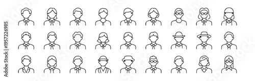 Diverse collection of people avatars outline style diverse genders ages hairstyles and accessories for profile