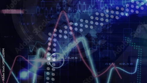 Animation of data processing and financial data over black background