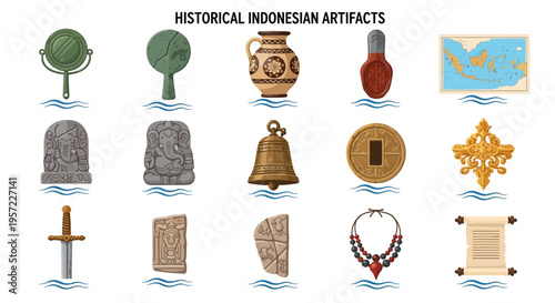 Historical Indonesian Cultural Artifacts Icons.