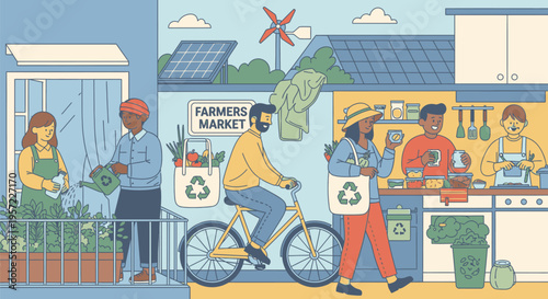 People recycling and cooking in a sustainable community kitchen with bicycles and plants