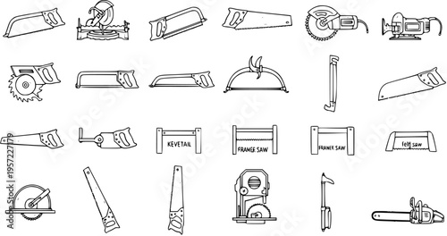 Detailed line art icon set of various hand and power saws, including circular, miter, jigsaw, band, and chainsaws.