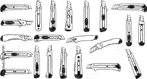 Hand-drawn Sketch Collection of Utility Knives and Box Cutters. A Set of Various Stationery and Craft Knives with Snap-off Blades in Black and White Doodle Style.