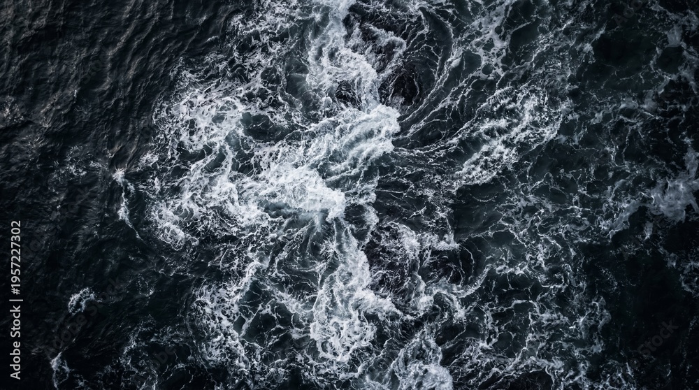 Naklejka premium An aerial view of dark ocean waves creating intricate patterns. Concept of website for shipping and logistics companies, advertising banners for cruise lines and travel agencies. Generative AI.