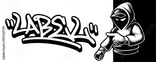 Stylized Label Graffiti Tag with Pointing Character Mascot for Product Identification and Branding.