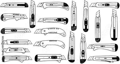 Detailed black and white line art illustrations of various utility knives, box cutters, and retractable blade tools, perfect for hand tool and craft projects.