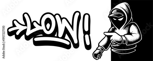 Low Price Graffiti Tag with Pointing Mascot Character for Budget Friendly Street Art Promotion.