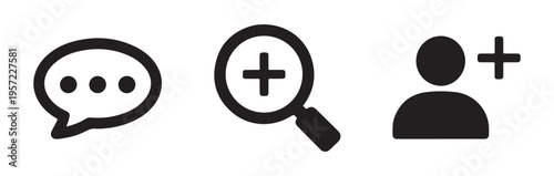 Set of social media icons featuring chat bubble, zoom magnifying glass, and add user symbol