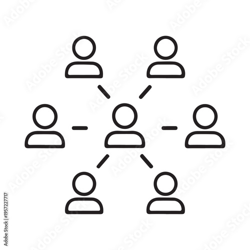 Centralized networking diagram icon with seven minimalist person figures linked to one single main core user