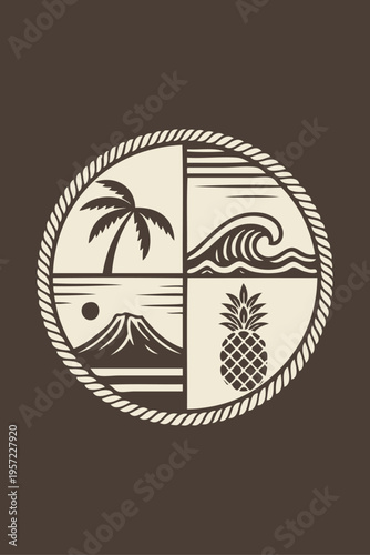 Logo agencia de viajes. Vacaciones en Hawái. Dibujo con líneas de un paisaje con la palma, volcán, sol, playa, piña y olas de mar estilo grabado antiguo, en círculo de cuerda