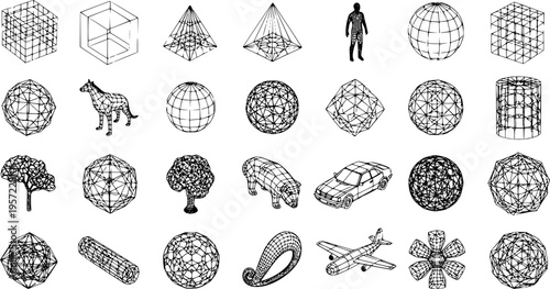 Diverse collection of 3D wireframe models, featuring geometric shapes, common objects, animals, and abstract forms. Vector illustrations for design, technology, and digital art.