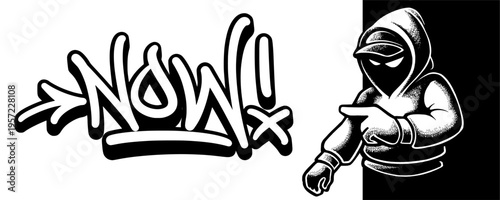 Flash Sale Now Graffiti Character Mascot with Urgent Hand Gesture for Street Art Marketing.