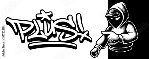 Plus Size or Extra Value Graffiti Tag with Masked Mascot Character for Urban Apparel Sales.