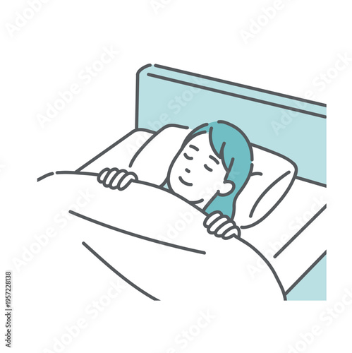 ベッドでぐっすりと眠る女性のイラスト（安眠・良質な睡眠）