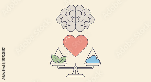 A brain balances a heart and a leaf on a scale with ice