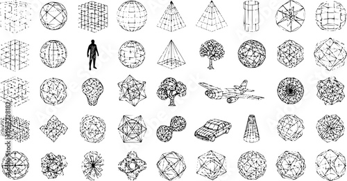 Hand-Drawn Wireframe 3D Geometric Shapes Collection with Abstract Forms and Objects for Science, Technology, Math, and Design Concepts