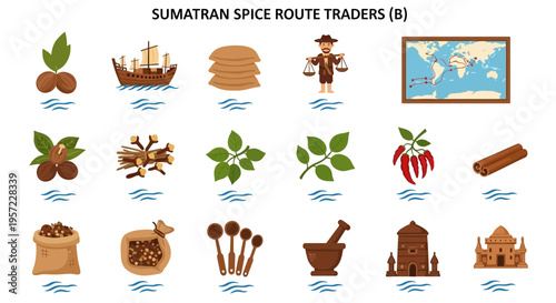 Sumatran spice route traders illustration.