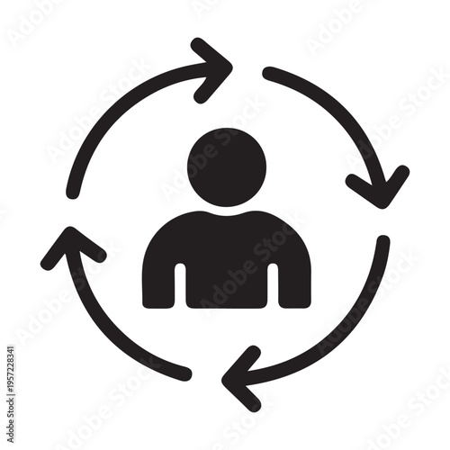 Employee turnover icon showing person silhouette inside continuous circular arrows for human resource concept