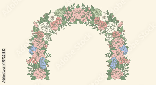 A beautiful floral archway made of pink roses, blue flowers, and green leaves stands in a garden.