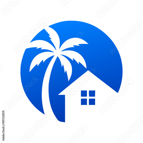 Logo agencia de viajes. Vacaciones de verano. Dibujo sencillo con un paisaje con silueta de la palma con una casa en un círculo 