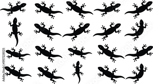 Lizard black silhouette vector set, reptile gecko and salamander icons collection, exotic wildlife, cad drawing flat vector illustration, flavector.