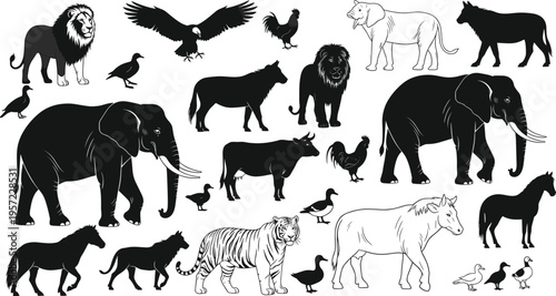 Jaguar or leopard walking side view black and white vector illustration, wild cat predator silhouette, cad drawing flat vector illustration, flavector.