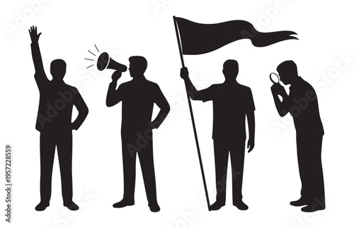 Silhouette figures of people in protest holding megaphone flag and magnifying glass