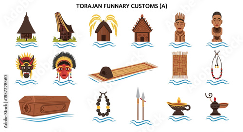 Torajan funeral customs and traditions icons.