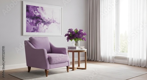 A serene and stylish living room with a purple armchair and flowers