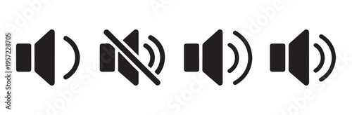 Set of four black speaker icons indicating various sound levels including mute and volume control