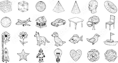Hand-Drawn Wireframe Doodle Icons Set of Various Objects and Concepts. Includes Geometric Shapes, Animals, Vehicles, and Everyday Items in Sketch Style