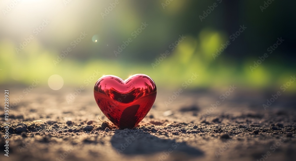Fototapeta premium Red heart shaped on dirt with green background
