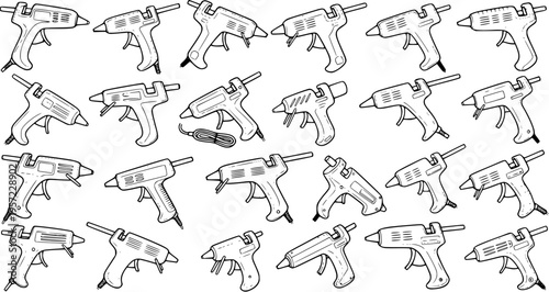Seamless pattern of various hand-drawn hot glue guns, a black and white doodle illustration depicting craft tools for DIY and creative projects.