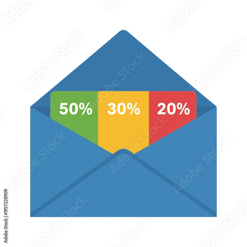 An open blue envelope containing a colorful pie chart with percentage labels.