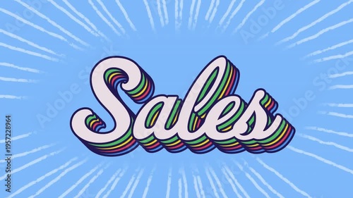 Animation of sales text banner with rainbow shadow effect against light trails on blue background