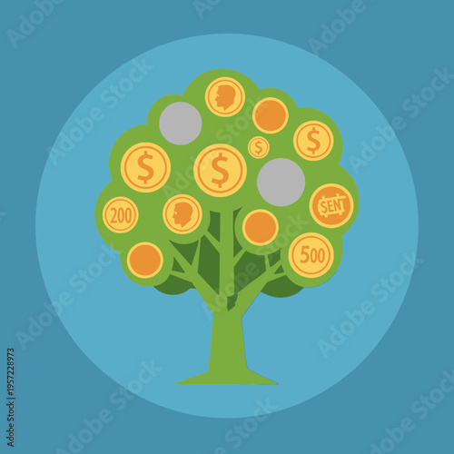 Illustration of a tree with coins and currency symbols as leaves.
