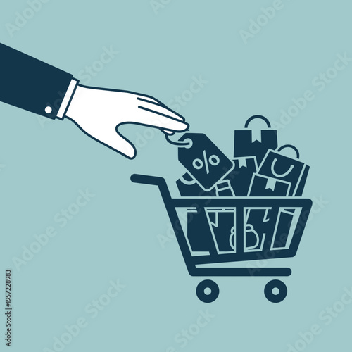 Hand placing a discount tag into a shopping cart filled with shopping bags.
