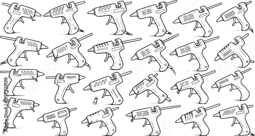 Hand-drawn seamless pattern of various hot glue guns in black and white line art style. Ideal background for craft, DIY, workshop, and creative hobby projects.