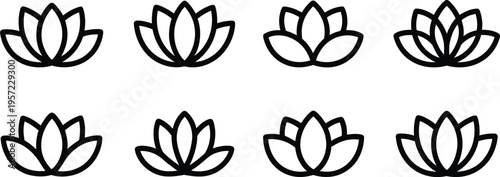 Set of outline lotus flowers in rows with outline icon