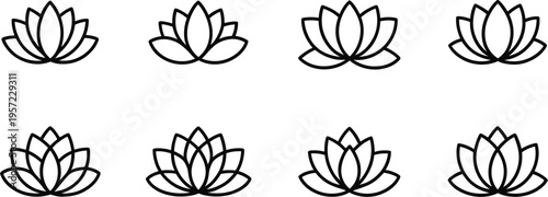 Group of stylized outline lotus flowers in rows with outline icon
