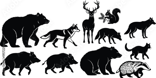 Wolf black silhouette vector set, wild forest animal walking side view collection, hunting predator icons, cad drawing flat vector illustration, flavector.