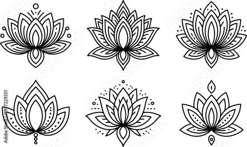 Collection of detailed outline lotus flowers with outline icon