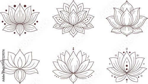 Group of stylized outline lotus flowers with outline icon