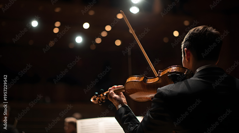 Fototapeta premium Musician playing a violin in a concert hall with spotlight on him performing classical music