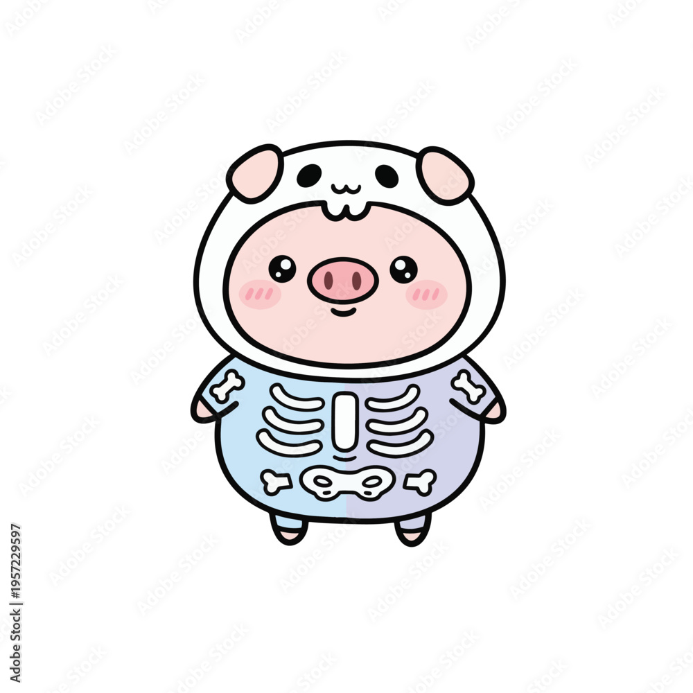 Obraz premium Cute pig in skeleton costume cartoon kawaii halloween character PNG, pig collection.eps